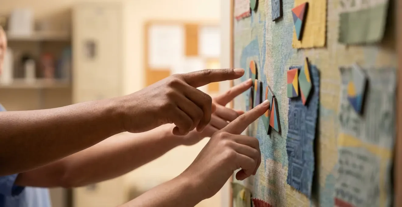 Équipe hôtelière en discussion autour d'un tableau de planning mural coloré