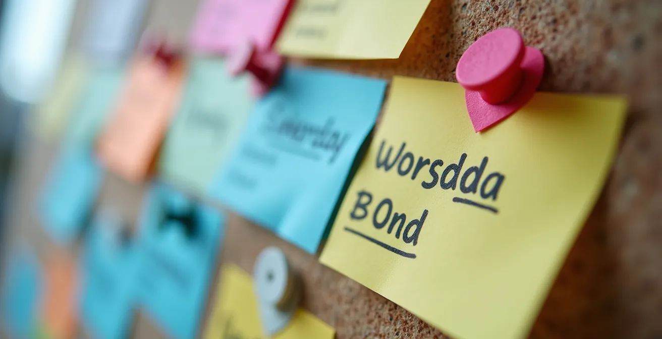 Vue macro d'un tableau de planning avec des marqueurs colorés et des post-its organisés