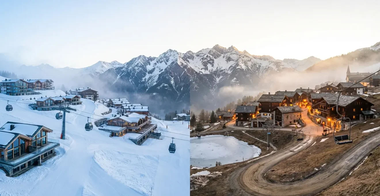 Vue panoramique contrastée montrant à gauche une grande station de luxe avec remontées mécaniques modernes et à droite un petit village de montagne authentique avec chalets traditionnels