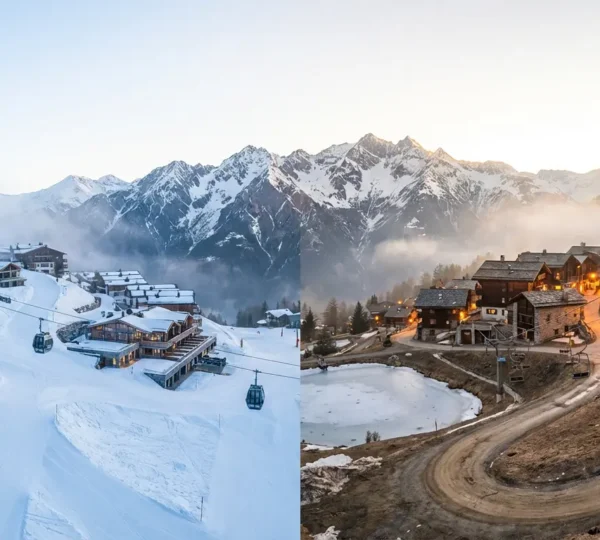 Vue panoramique contrastée montrant à gauche une grande station de luxe avec remontées mécaniques modernes et à droite un petit village de montagne authentique avec chalets traditionnels