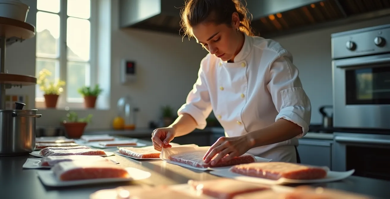 Chef préparant des portions sous vide pendant les heures creuses en cuisine