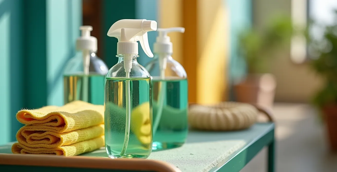 Chariot de ménage professionnel avec produits de nettoyage écologiques dans un couloir d'hôtel