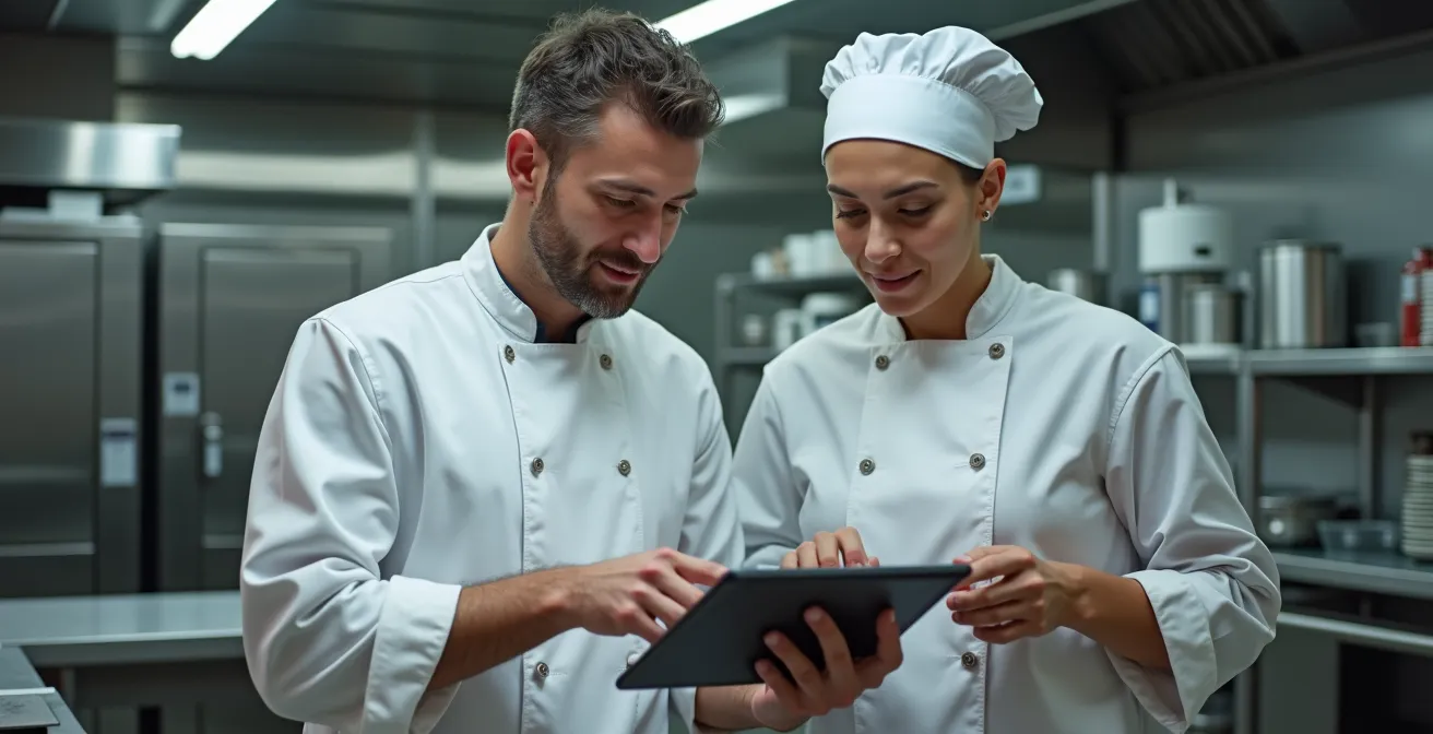 Équipe de service coordonnée avec un système de communication digital pour la gestion des allergies alimentaires.
