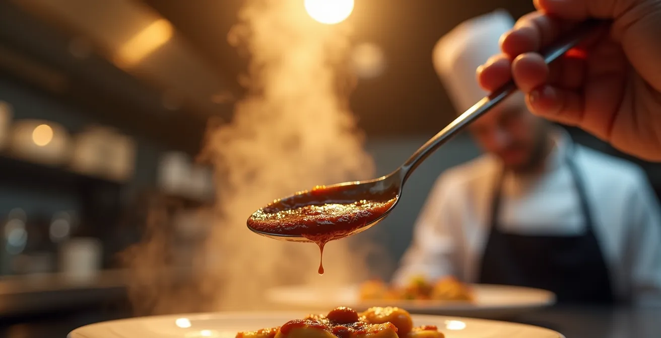 Un sous-chef goûte méthodiquement un plat pendant que le chef observe à distance