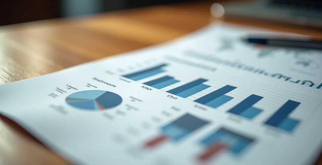 Rapport de stage professionnel avec graphiques sur un bureau en bois naturel