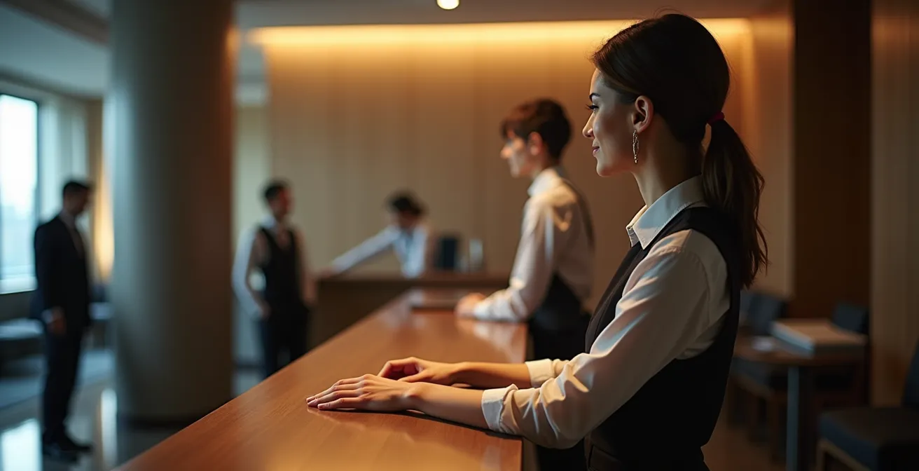 Réceptionniste d'hôtel démontrant une posture ouverte mais professionnelle derrière le comptoir