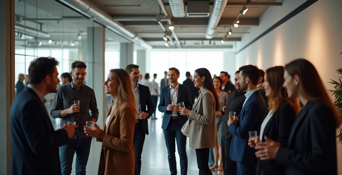 Groupe multiculturel de professionnels échangeant lors d'un événement de networking dans un espace moderne
