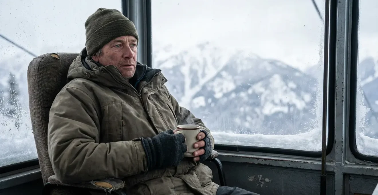 Travailleur saisonnier fatigué assis dans une cabine de remontée mécanique en altitude avec les montagnes enneigées en arrière-plan