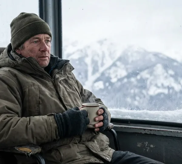 Travailleur saisonnier fatigué assis dans une cabine de remontée mécanique en altitude avec les montagnes enneigées en arrière-plan