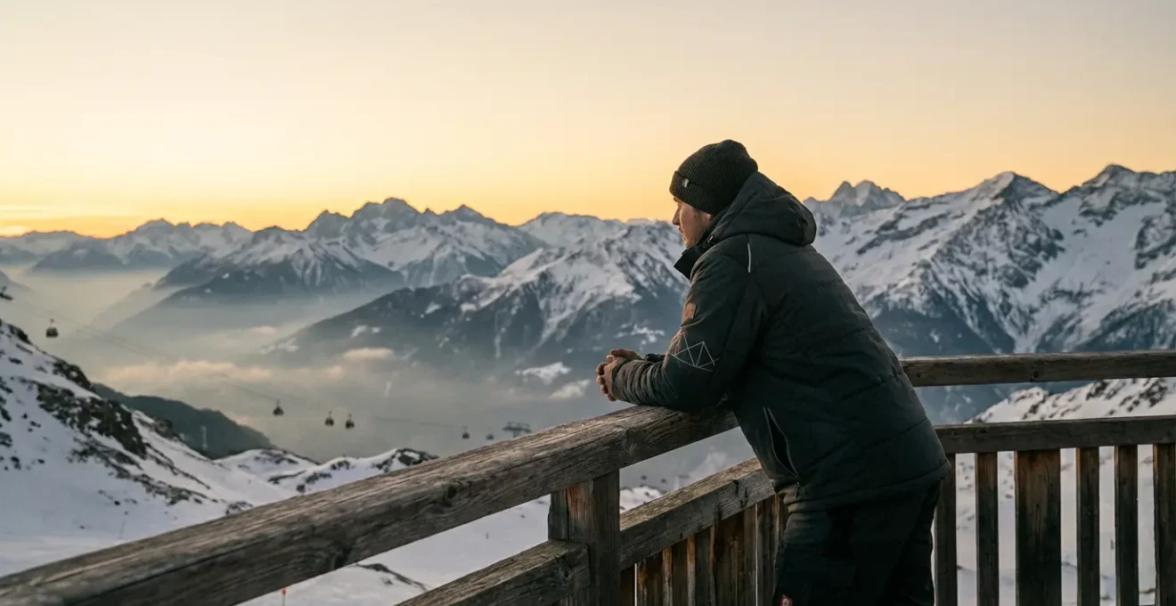 Travailleur saisonnier en station de ski regardant le paysage montagnard enneigé au lever du soleil