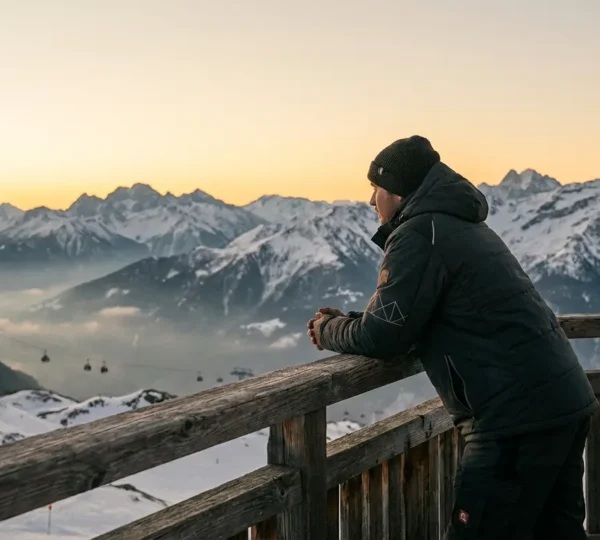 Travailleur saisonnier en station de ski regardant le paysage montagnard enneigé au lever du soleil