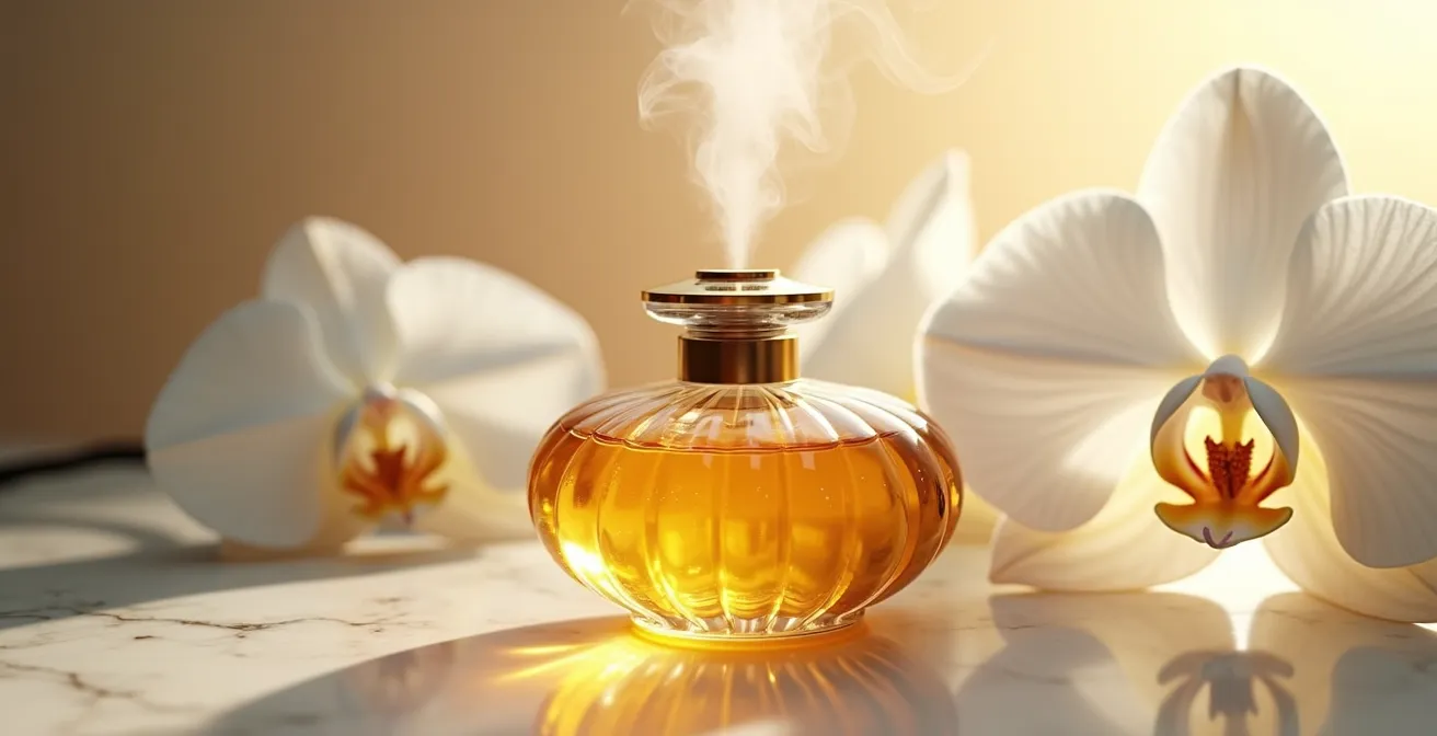 Détail macro de diffuseur d'ambiance en cristal avec vapeur dorée dans un lobby d'hôtel luxueux