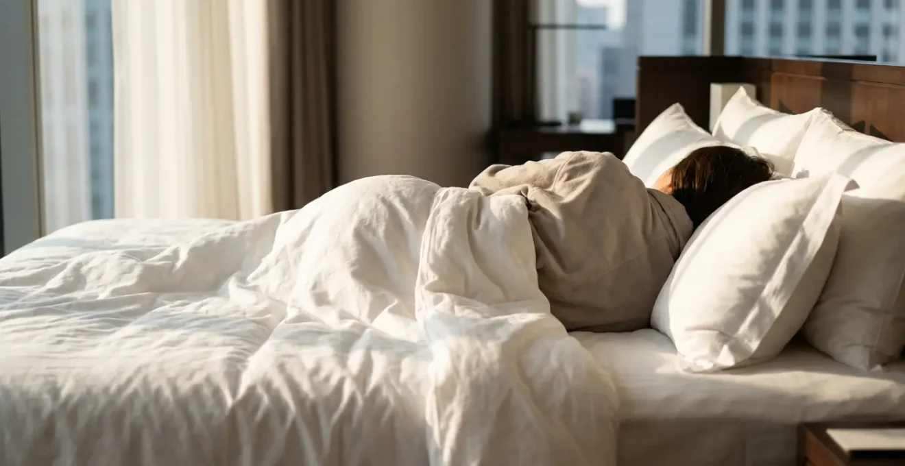 Vue minimaliste d'une chambre d'hôtel luxueuse baignée de lumière naturelle