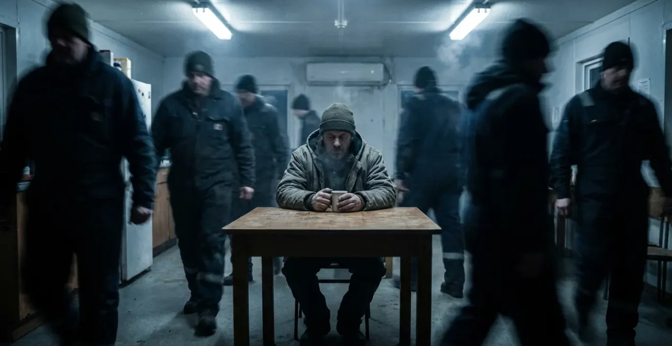 Saisonnier seul dans une salle de pause bondée, expression de fatigue et d'isolement