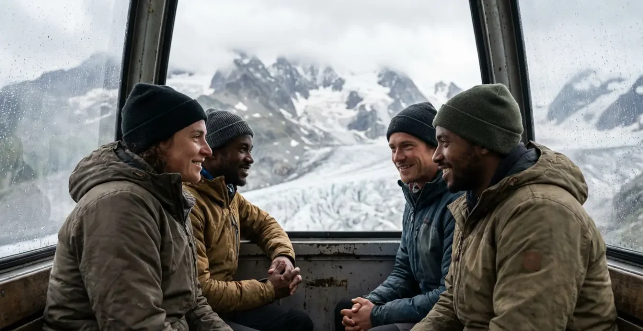 Téléphérique montant vers un glacier en altitude avec travailleurs saisonniers