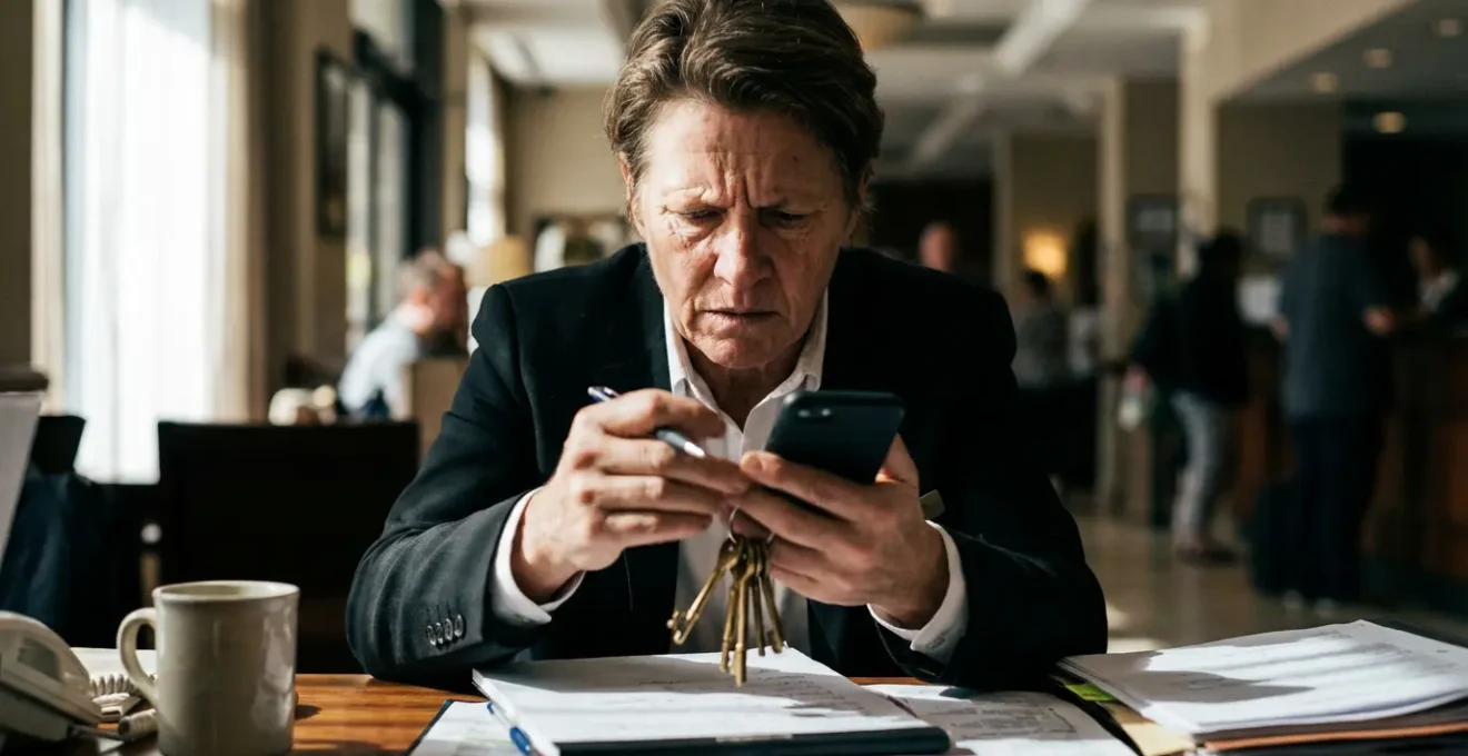 Manager submergé de tâches multiples dans un bureau d'hôtel avec vue floue sur le hall