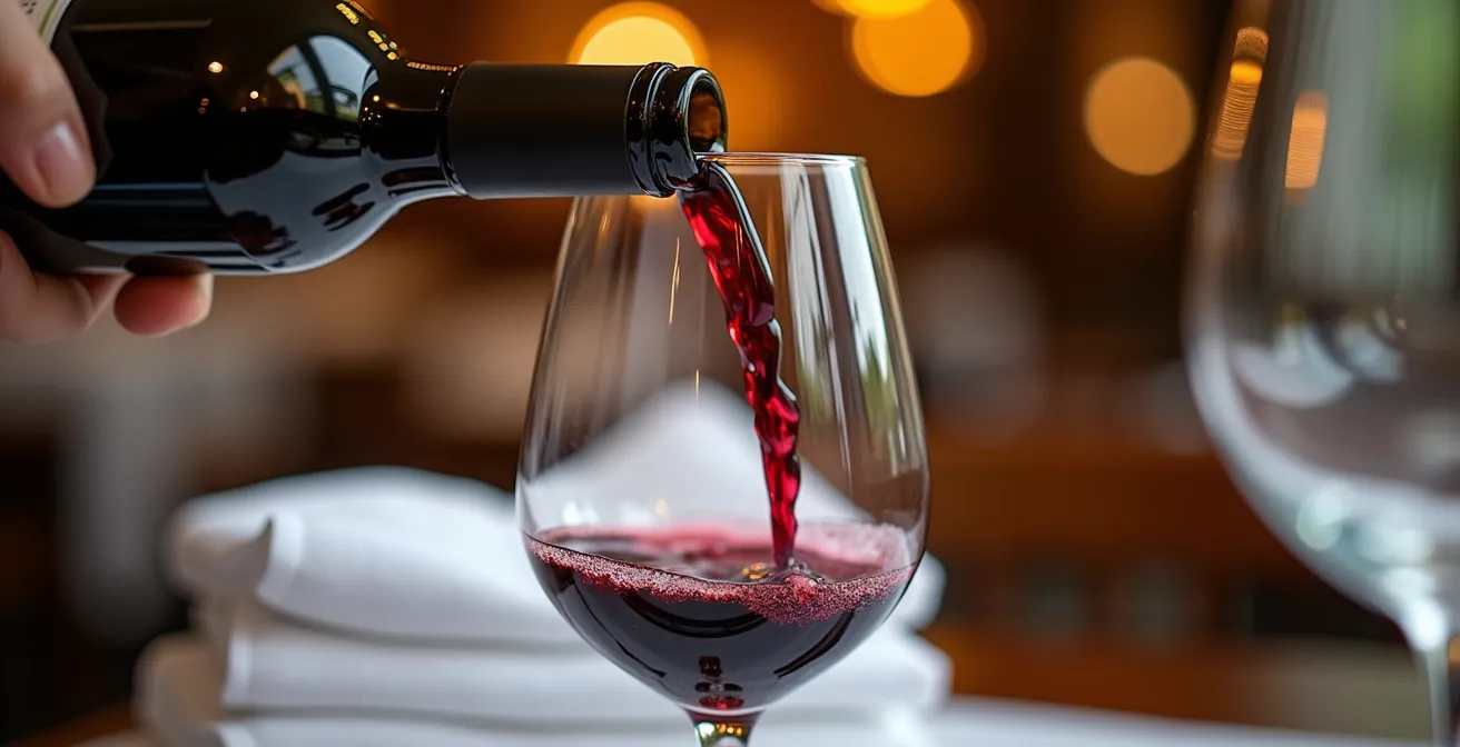 Gros plan sur la technique professionnelle de service du vin avec liteau