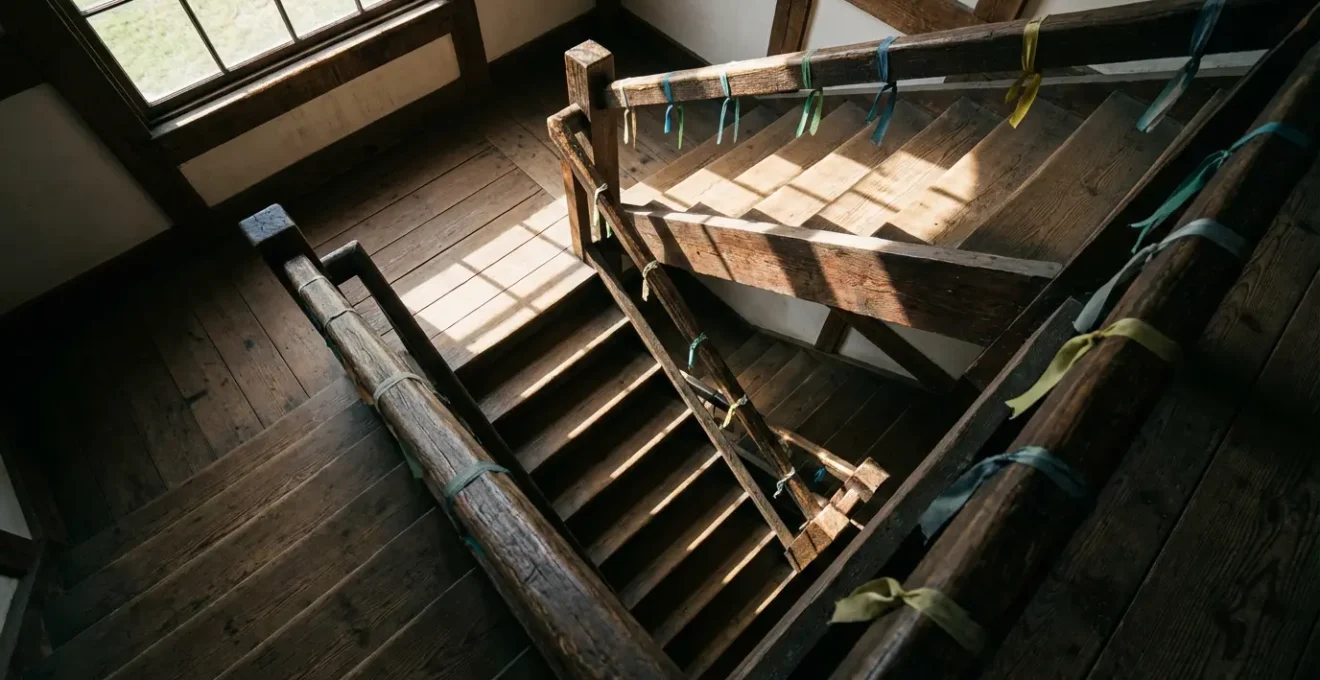 Vue de côté d'un escalier intérieur avec marquages visuels de progression sur 15 jours, symbolisant l'acclimatation.