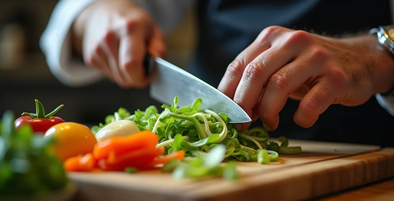 Chef de partie formant un jeune commis aux techniques de découpe en cuisine