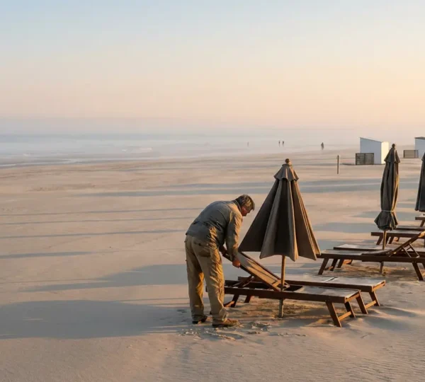 Travailleur saisonnier sur une plage préparant les installations au lever du soleil