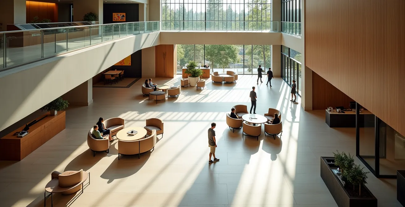 Organisation spatiale d'un lobby d'hôtel avec zone dédiée aux groupes