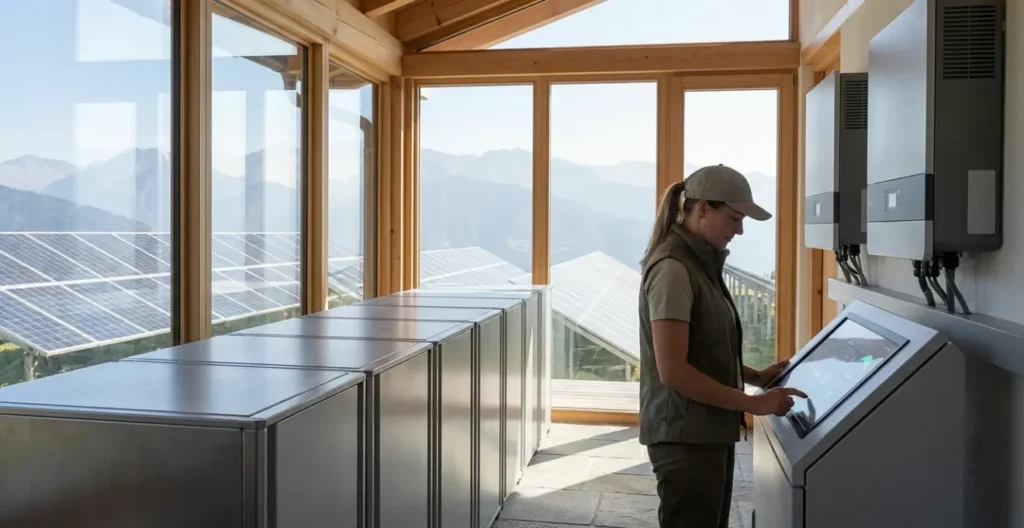 Employé polyvalent vérifiant l'état des panneaux solaires et batteries d'un écolodge autonome Employé polyvalent vérifiant l'état des panneaux solaires et batteries d'un écolodge autonome