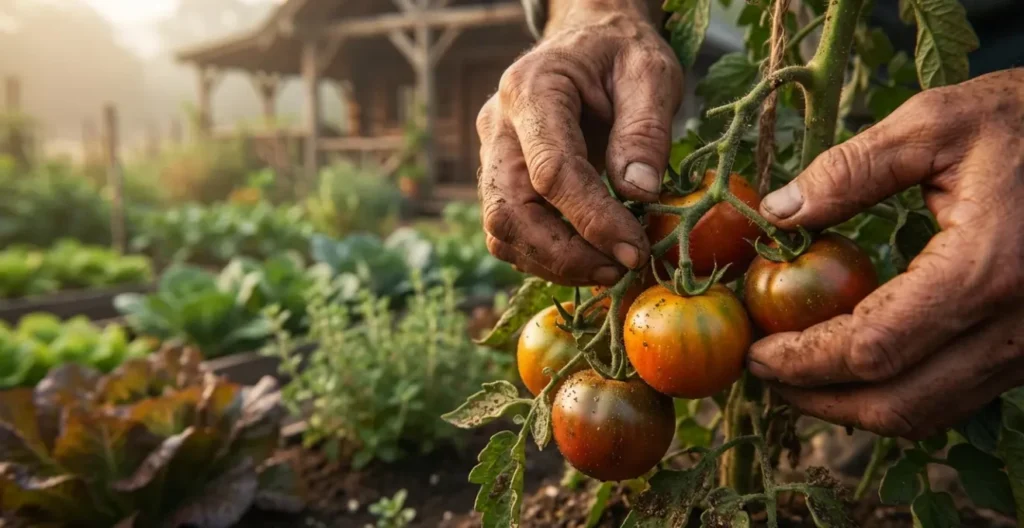 Potager en permaculture d'un écolodge avec équipe récoltant des légumes pour le restaurant Potager en permaculture d'un écolodge avec équipe récoltant des légumes pour le restaurant